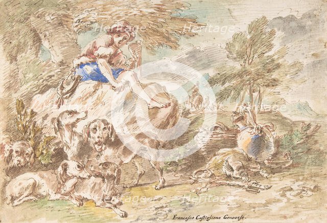 Young Hunter with His Dogs in a Landscape, 1641-1710. Creator: Giovanni Francesco Castiglione.