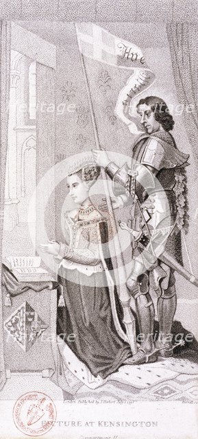 View of royalty kneeling accompanied by an armoured knight, 1796. Artist: A Birrell