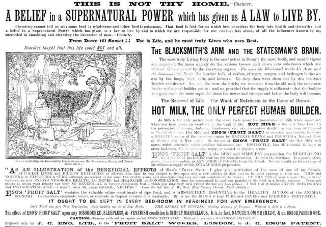 Advertisement for Eno's 'Fruit Salt', 1898. Creator: Unknown.