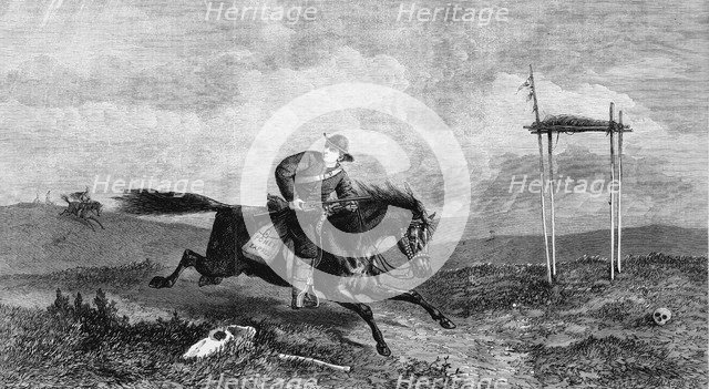 Pony Express rider crossing hostile country pursued by native Americans, 1861. Artist: Unknown