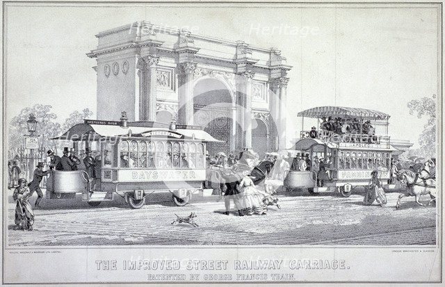Marble Arch and street trams, London, 1860. Artist: Macdonald