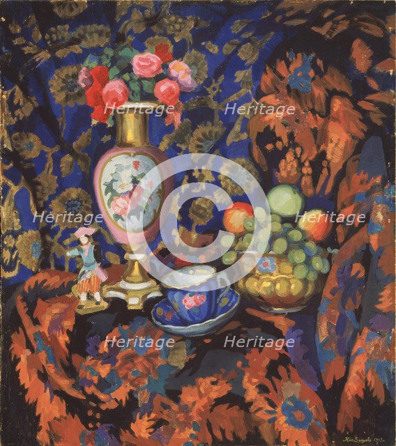 Still life with porcelain and flowers, 1913. Artist: Zaytsev, Nikolai Semyonovich (1885-1938)