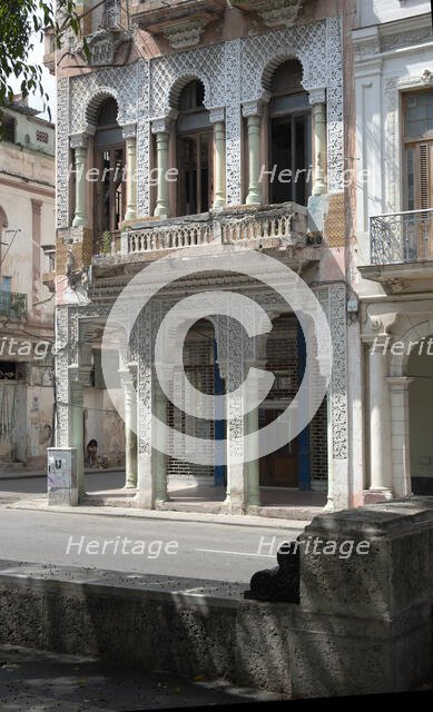 Old semi-ruined building, alongside the pedestrianised street the Prado, Havana, Cuba, 2024. Creator: Ethel Davies.