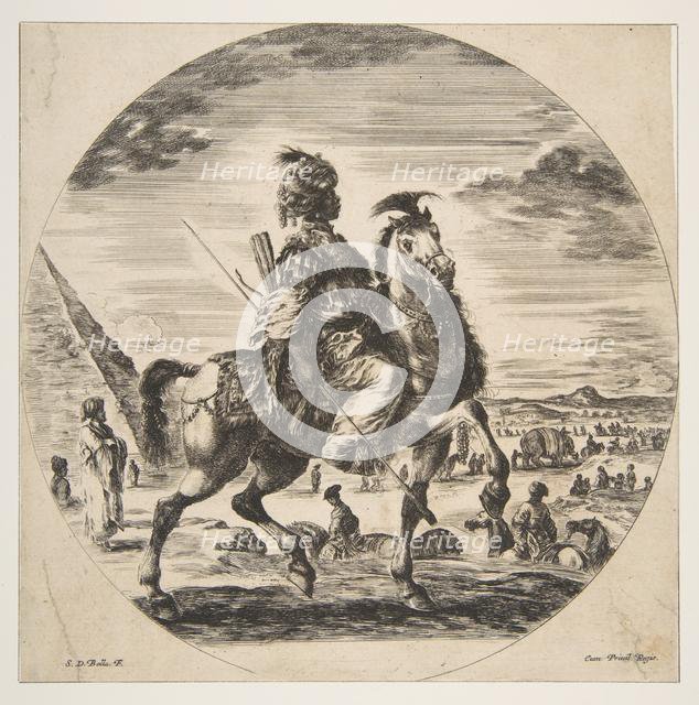 Moorish horseman in profile facing right, in the background a pyramid at left, many fi..., ca. 1651. Creator: Stefano della Bella.