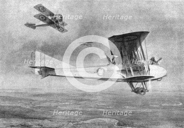 'Combat Aerien; Avion triplace, en mission photographique, protégé par un Spad, 1918. Creator: Etienne Cournault.