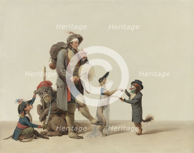 An Animal Trainer With Dancing Dogs, a Bear And Monkey.