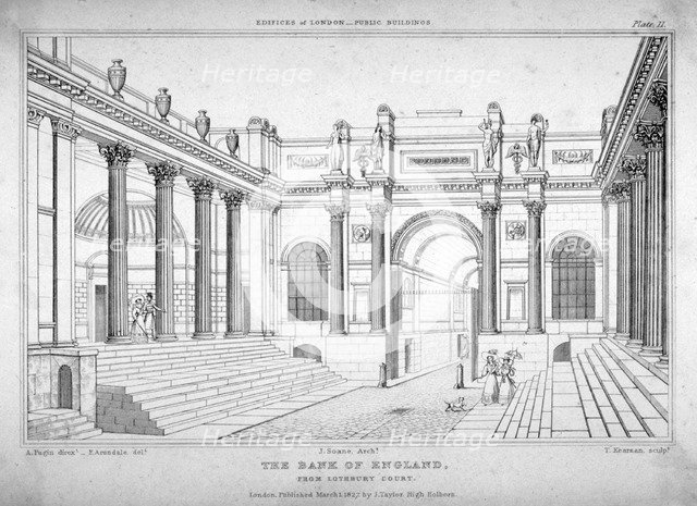 View of the Bank of England from Lothbury court, City of London, 1827.                     Artist: T Kearnan