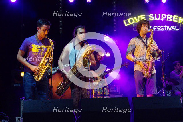 Mak Murtic, R Muscat and S Silas, Love Supreme Jazz Festival, Glynde Place, East Sussex, 2015. Artist: Brian O'Connor.