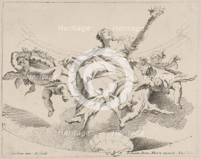 Power, represented by a woman seated on clouds holding a crown and surrounded by putti,..., 1725-75. Creator: Carlo Innocenzo Carloni.