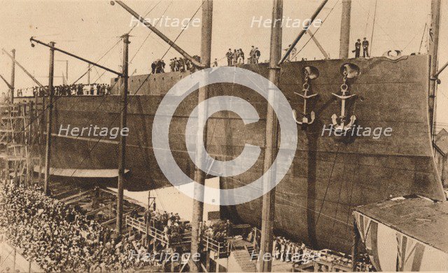 Launch of the battleship HMS `Queen Elizabeth`, 16 October 1913 (1935).  Artist: Unknown.