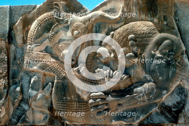 Carving of a bull and lion, Persian, 5th century BC. Artist: Unknown