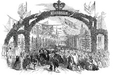 Festivities at Chippenham - the High-Street, from the Bridge - Arrival of Mr. Neeld, M.P., 1850. Creator: Unknown.