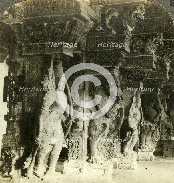 Pillars of a Hindu temple, Madurai, India, c1900s(?).Artist: Underwood & Underwood