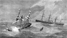 The steam-ship Baltic rescuing the crew of the Assyria during a storm in the Atlantic, 1872. Creator: Unknown.
