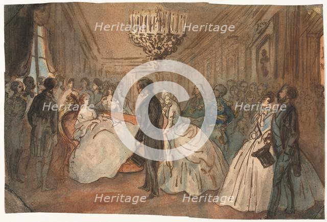 The Empress Eugenie Receiving the Diplomatic Corps after the Birth of the Imperial Prince, 1800s. Creator: Constantin Guys (French, 1805-1892).