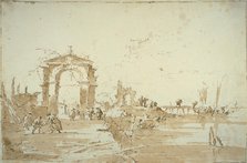Gateway Near a Landing Bridge, 1780/85. Creator: Francesco Guardi.
