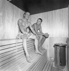 Two young men enjoying a sauna, Landskrona, Sweden, 1959. Artist: Unknown