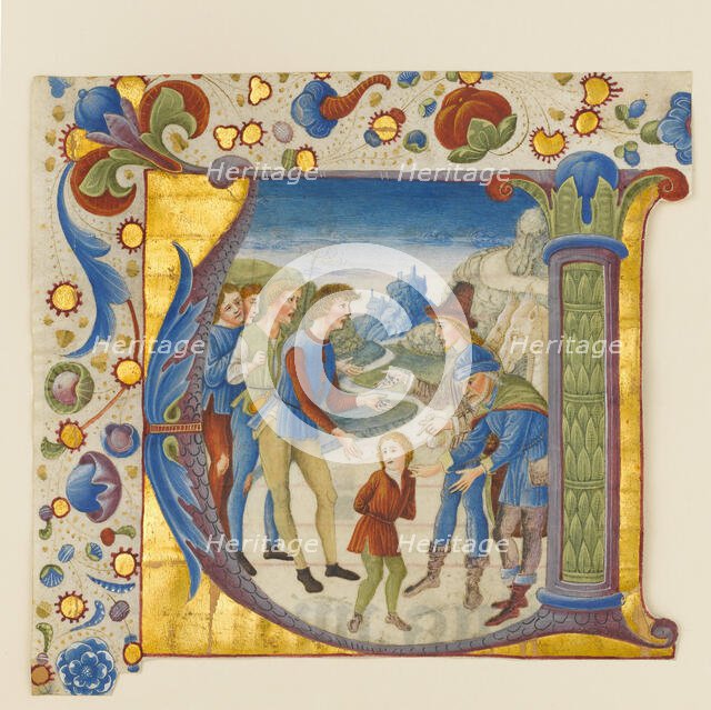 Manuscript Illumination with Joseph Sold by His Brothers in an Initial V..., Italian, ca. 1490. Creator: Giovanni Pietro da Cemmo.