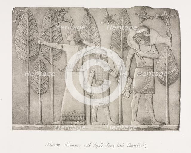 Monuments of Ninevah: Plate 32, Huntsmen with Gazelle, Hare and Birds (Khorsabad), 1853. Creator: Austen Henry Layard (British, 1817-1894).
