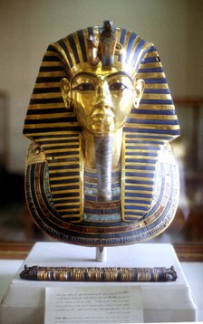 Gold and lapis lazuli funerary mask of Tutankamun, King of Egypt, mid 14th century BC. Artist: Unknown