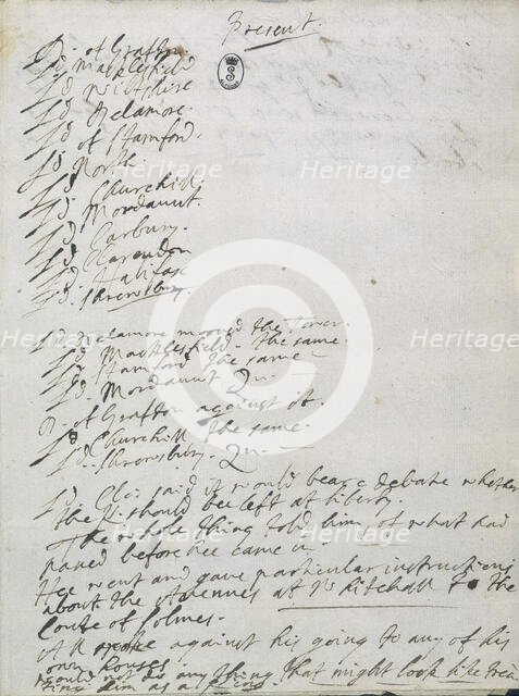 Notes to a meeting about the fate of James II, 1688. Creator: George Savile.