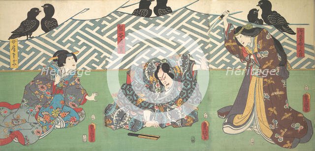 Three Actors on Stage: Kumagai Naozane, 1858., 1858. Creator: Utagawa Kunisada.