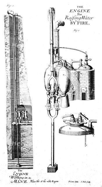 Thomas Savery's steam pump or 'the miner's friend', 1702 (1726). Artist: Unknown