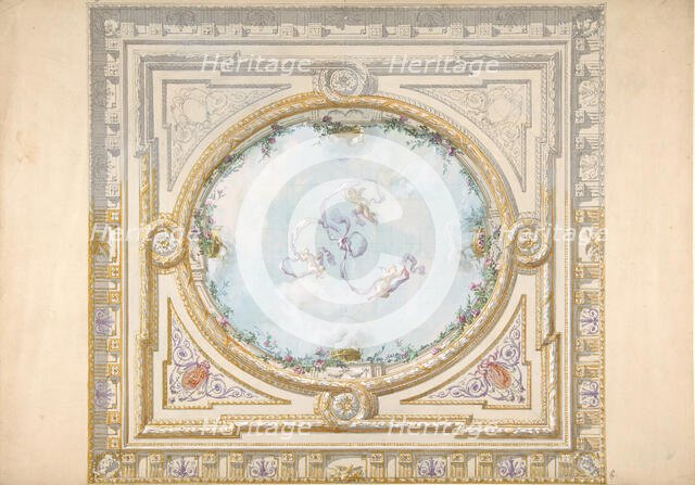 Design for a ceiling in rococo style with a trompe l'oeil oculus, 19th century. Creators: Jules-Edmond-Charles Lachaise, Eugène-Pierre Gourdet.