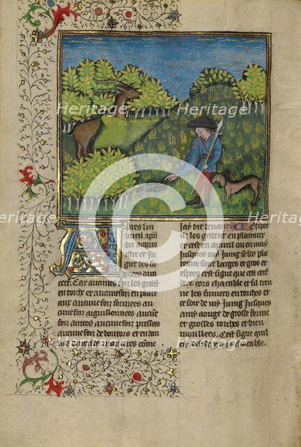 A Hunter and a Dog Examining a Deer's Spoor; Livre de la Chasse, about 1430-1440. Creator: Unknown.