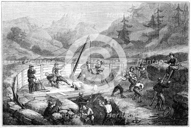 'Excavating and washing of sands at the bottom of a river', California, 19th century.Artist: Gustave Adolphe Chassevent-Bacques