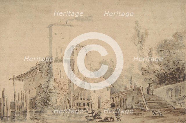 Farm House by a River with Figures, 1765. Creator: Louis Gabriel Moreau.