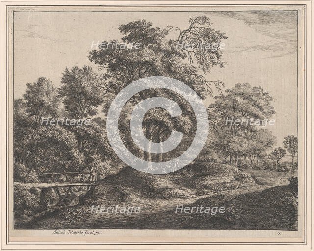 A Peasant Woman and Daughter on a Small Wooden Bridge, 17th century. Creator: Anthonie Waterloo.