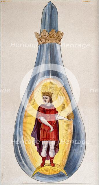 A crowned alchemical flask containing a young king, dressed in red, representing the..., 1900-1909. Creator: Edith Annie Ibbs.