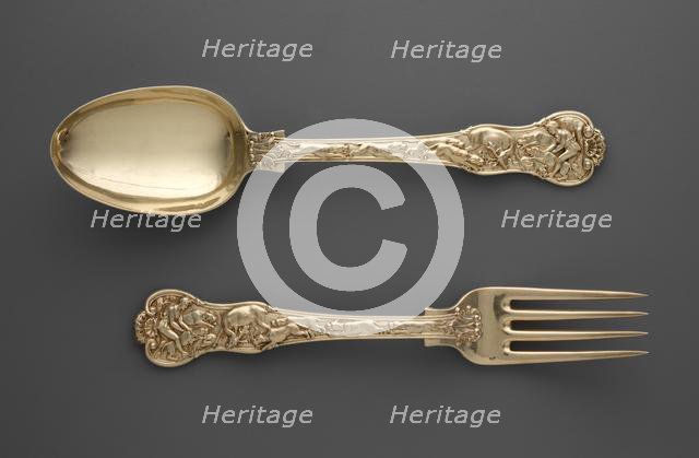 Dessert Fork and Spoon with Hunt Scenes, c. 1822. Creator: Paul Storr (British, 1771-1844).