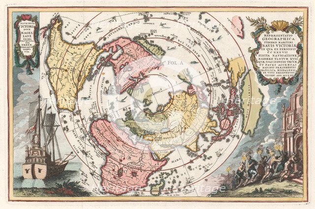 World map with Magellan’s circumnavigation (From Scherer’s Atlas novus), 1702-1703. Artist: Scherer, Heinrich (1628-1704)