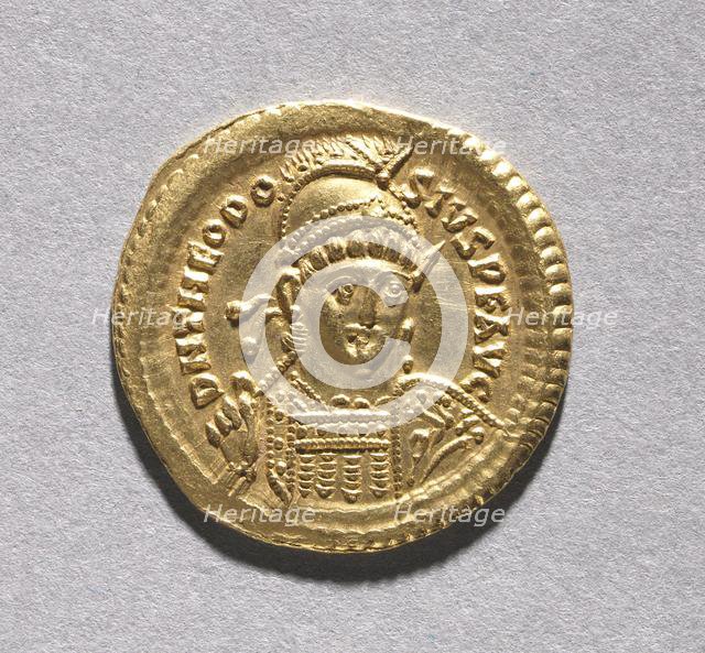 Solidus of Theodosius II and Valentinian III (obverse), 408-425. Creator: Unknown.