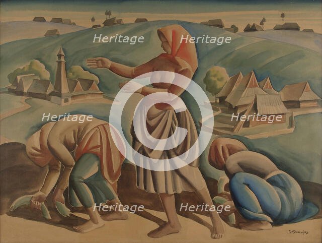 Young women working in the fields, 1900-1927. Creator: Wladyslaw Skoczylas.