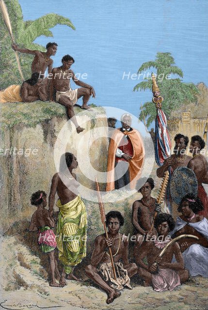Kamehameha and his warriors, 1880.  Creator: Emile Antoine Bayard.