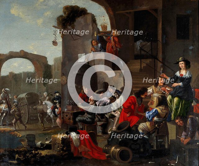 A barber and a surgeon attending to soldiers, c1680s. Creator: Unknown.