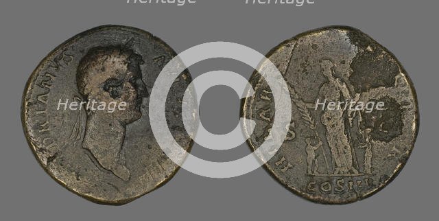 Sestertius (Coin) Portraying Emperor Hadrian, 128-132. Creator: Unknown.