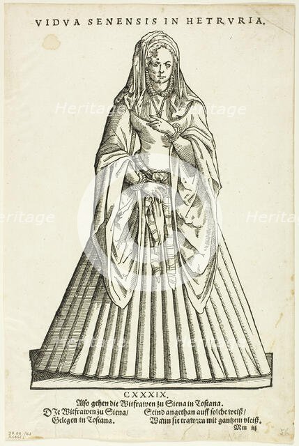 Vidua Senensis in Hetruria (Widow of Siena in Tuscany) from H. Weigel's Trachtenbuch...1937. Creators: Jost Ammon, Max Geisberg, Hans Weigel.