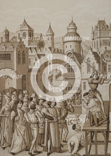 Decapitation of Guillaume de Pommiers and his confessor, John Coulon, Bordeaux, 1377..., 1878.  Creator: Unknown.