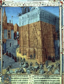 Construction of the Temple of Solomon, represented as the great portico of the Cathedral of Bourg…