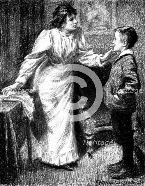 His Cheap Bravo: "Don't tell me," said his sister...that anything's 'appened to him"..., 1898. Creator: Unknown.