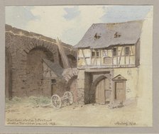 Half-timbered house leaning against a wall in Neudorf near Eltville, 1838. Creator: Carl Theodor Reiffenstein.