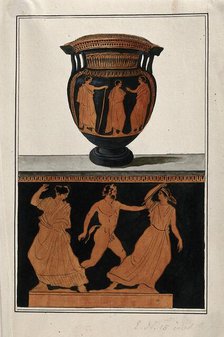Above, red-figured Greek wine bowl (column krater); below, detail of the decoration.... 1760-9. Creator: Augustin Dahlsteen.