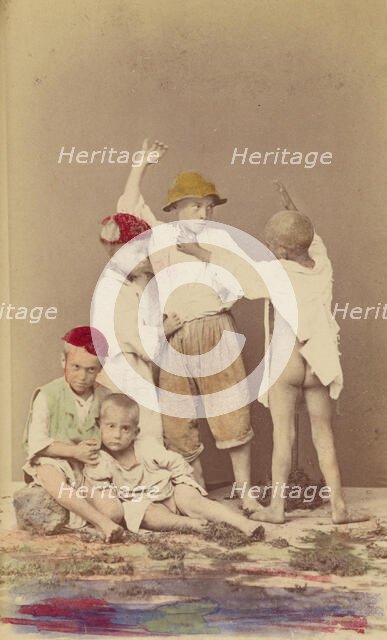 Five Italian street boys: two seated, three standing, 1865-1875. Creator: Arena & D'Alessandri.