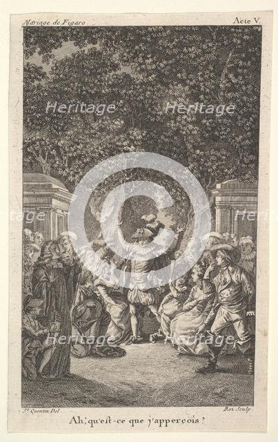 A young boy holds a torch under trees in a garden, at center a man raises both arms, s..., ca. 1784. Creator: Claude Nicolas Malapeau.
