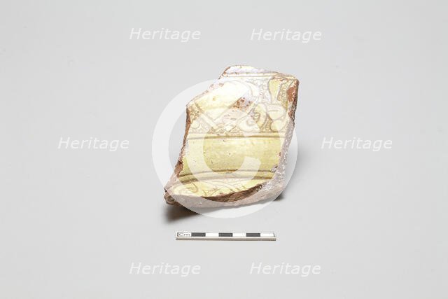 sherd, red body, white slip, yellow-green glaze, Mamluk period, 1250-1516. Creator: Unknown.