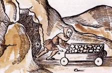 Miner pushing a trolley from a mine entrance, 1508. Artist: Unknown